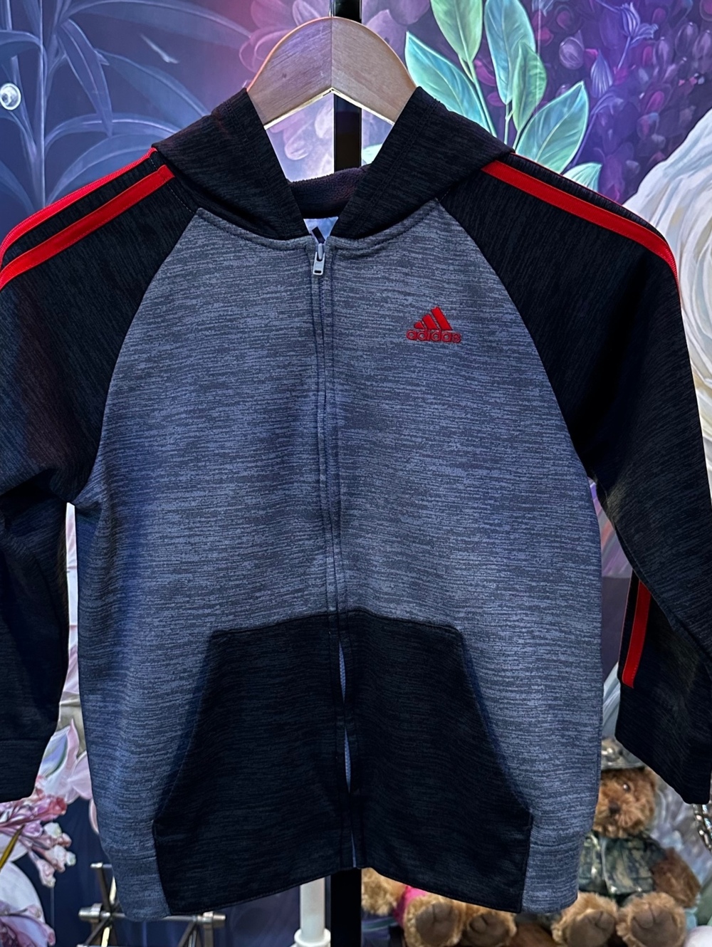 Adidas Kids 7 Full Zip Hoodie Track Jacket Colorblock Sporty Gray Black Red Logo